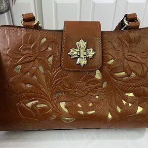 Patricia Nash Rosina Cut Out Tooled Leather Satchel Tan Gold! Beautifully Bag!!